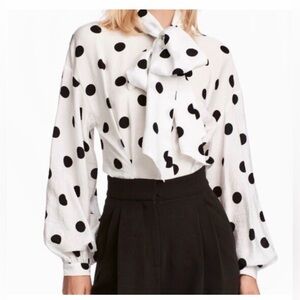H&M White & Black Polka Dot Tie-Neck Blouse